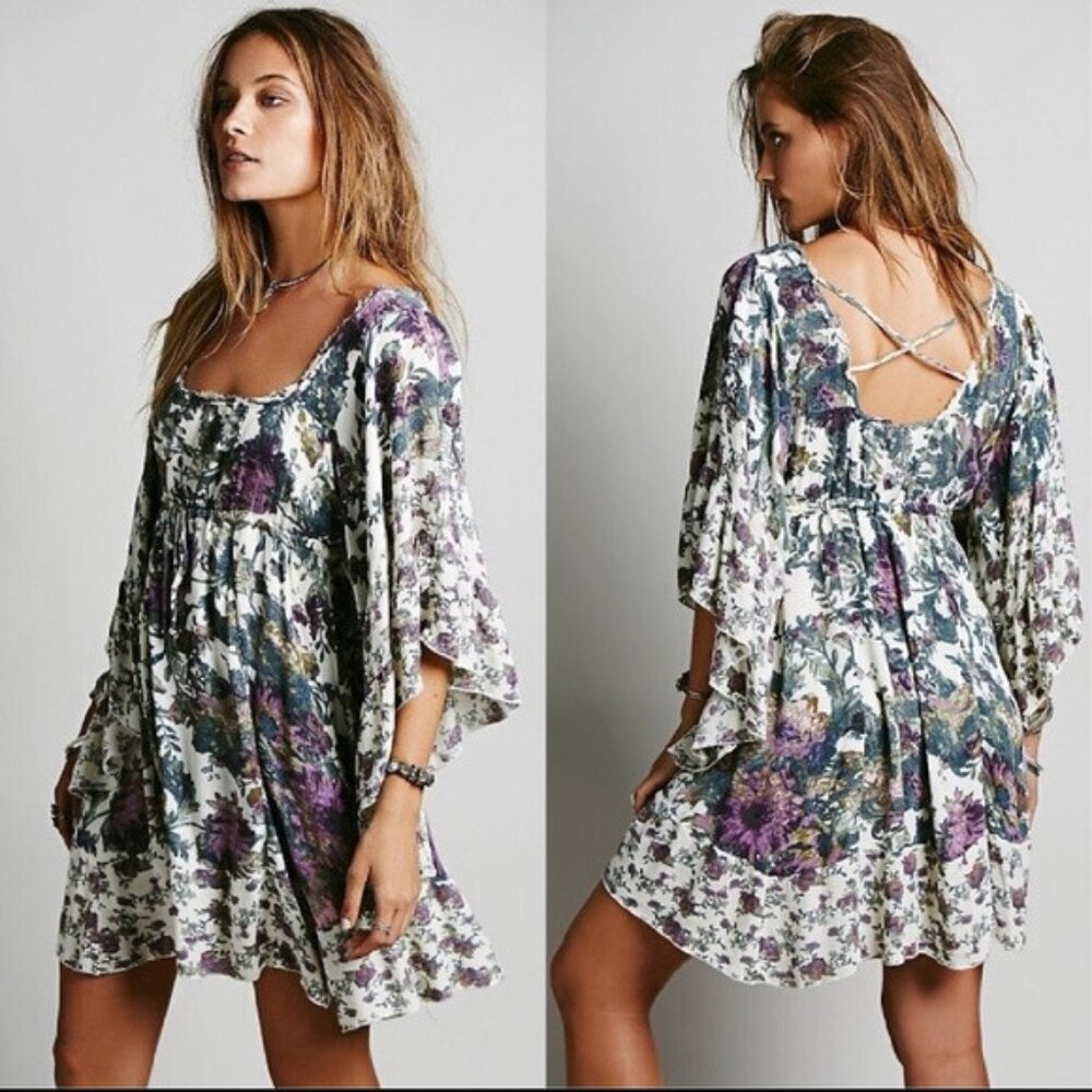 Goth Free People 'Heart of Gold' Print Butterfly Sleeve Dress Boho Bell Floral